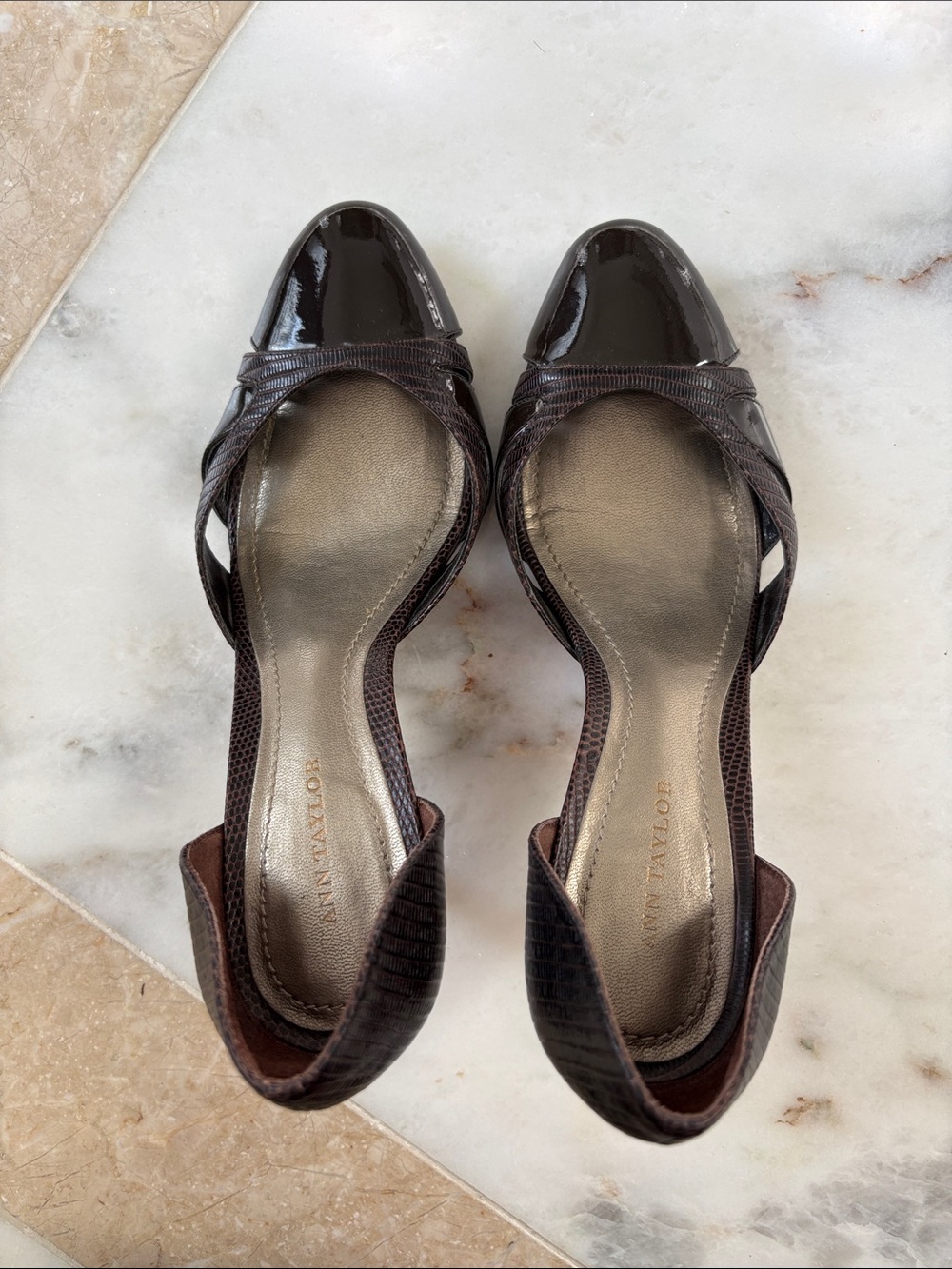 Ann Taylor Dark Brown Patent & Textured D'Orsay Flats
